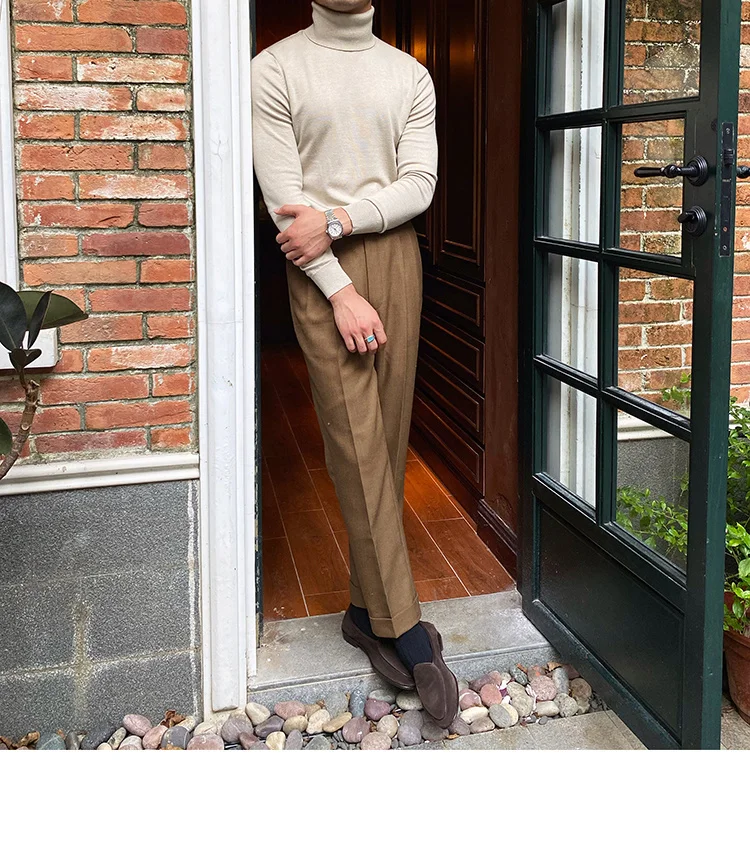 Burgundy turtleneck wool sweater for men - Image 11